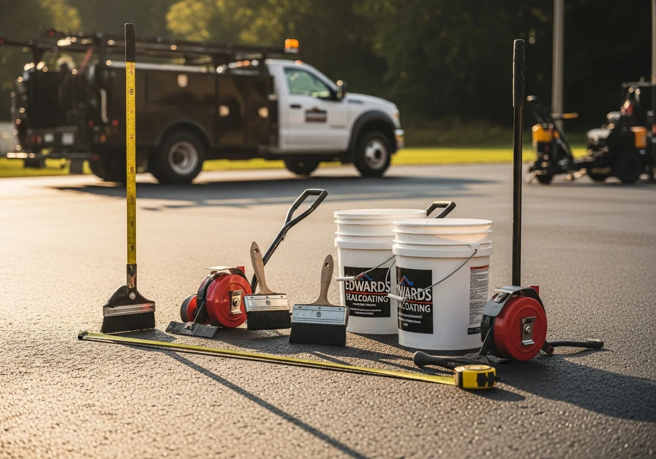 Professional asphalt crew tools and equipment staged on a paved surface, ready for sealcoating and repair work.