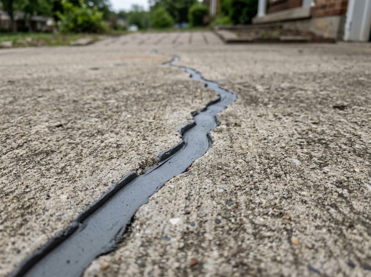 Close-up of a routed and filled crack on a Grand Rapids concrete driveway
