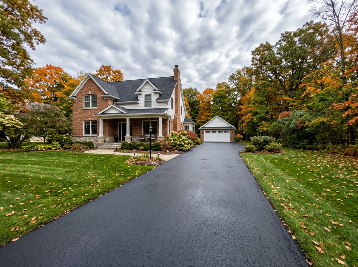 Freshly sealcoated asphalt driveway in a Grand Rapids neighborhood with mature trees
