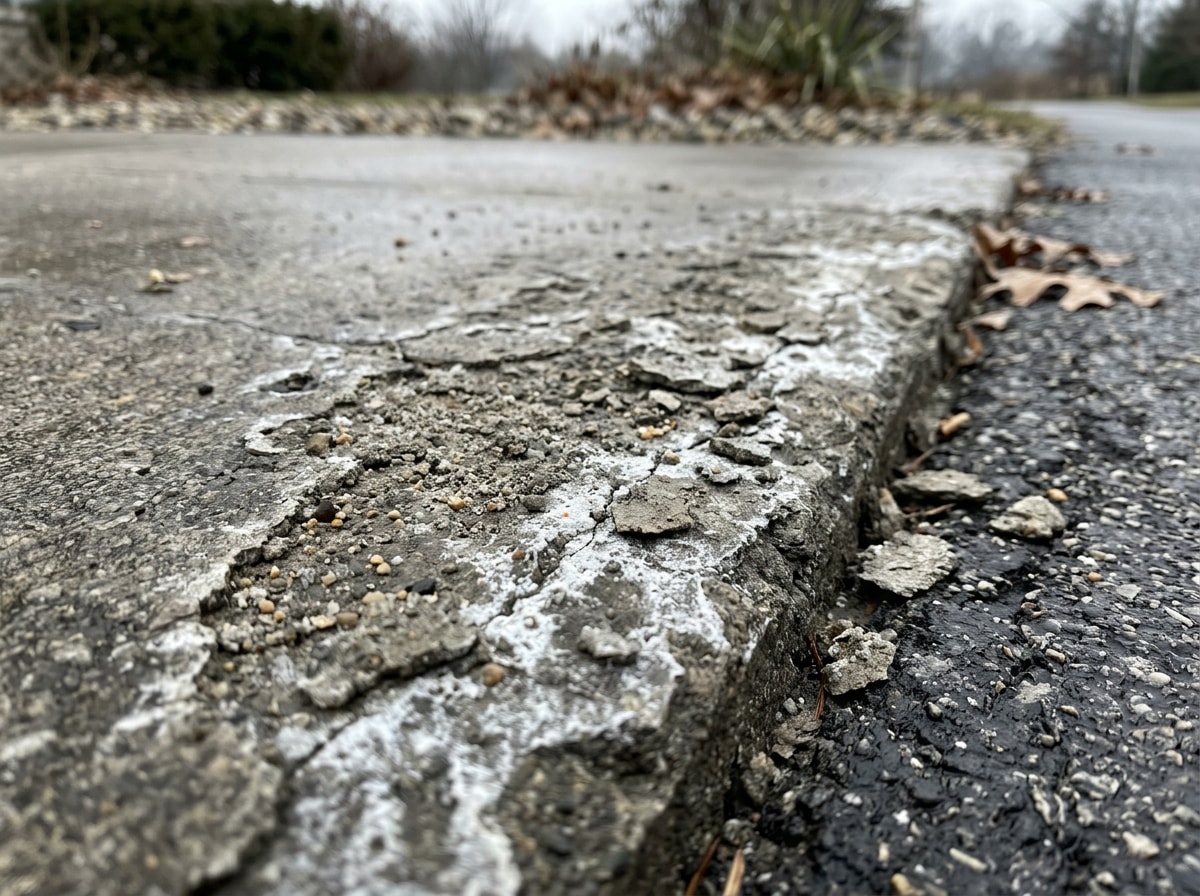 Close-up of a concrete driveway edge showing freeze-thaw scaling and salt residue after a Michigan winter