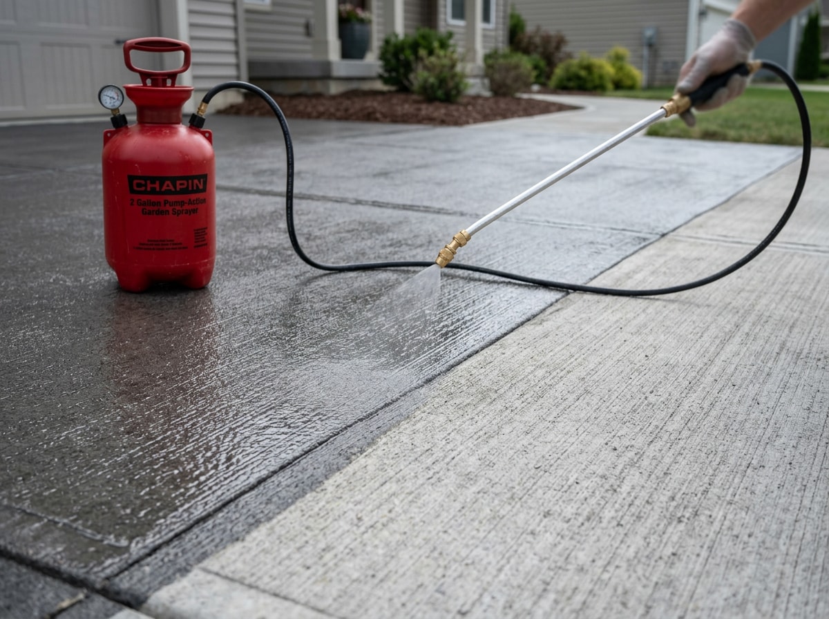 Technician using a pump sprayer to apply penetrating sealer to a broom-finish concrete driveway