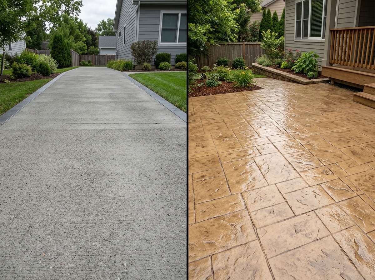 Photoreal side-by-side comparison of a plain broom-finish concrete driveway and a stamped concrete patio, both freshly sealed