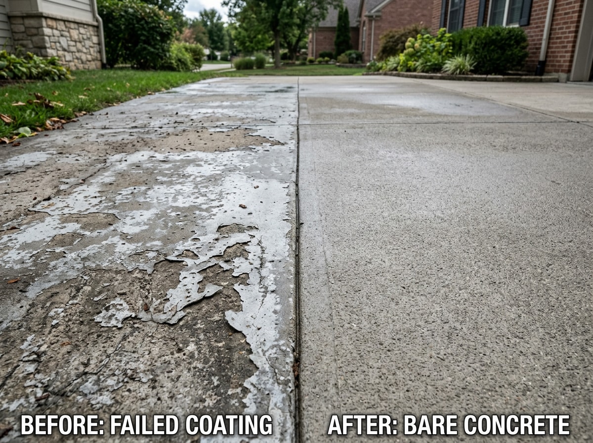 Photoreal before-and-after shot of a concrete driveway mid-strip, half showing cloudy failed sealer and half showing clean bare concrete