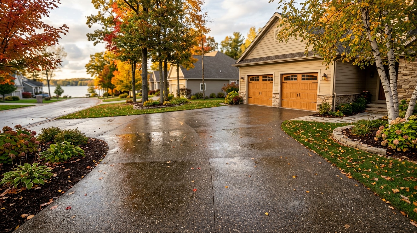 Freshly sealed concrete driveway in Ludington, MI with a natural wet-look finish Freshly sealed concrete driveway in Ludington, MI with a natural wet-look finish