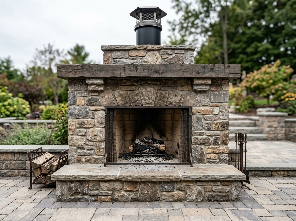 Finished concrete outdoor fireplace with stone veneer surround on a backyard patio