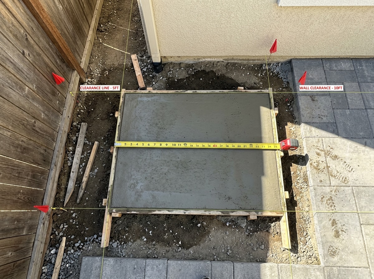 Concrete outdoor fireplace pad set within a patio layout with seating clearance