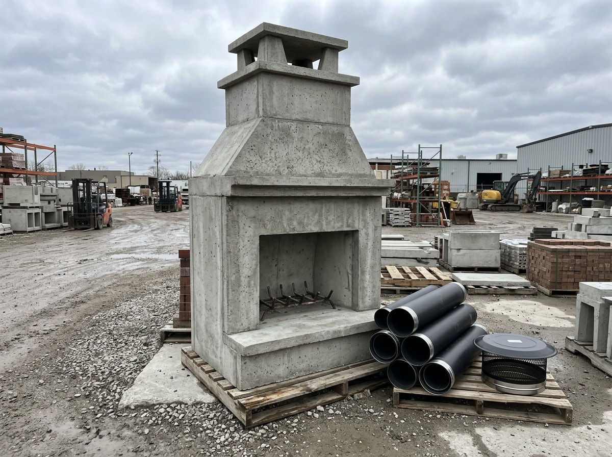 Precast concrete fireplace kit with chimney pipe and spark suppressor cap staged before installation