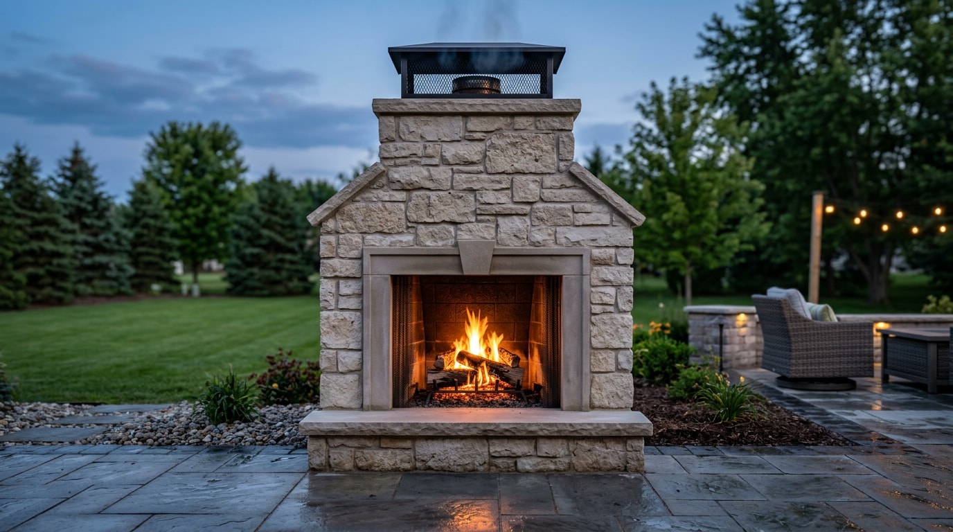 Finished concrete outdoor fireplace with stone veneer on a Holland, MI backyard patio