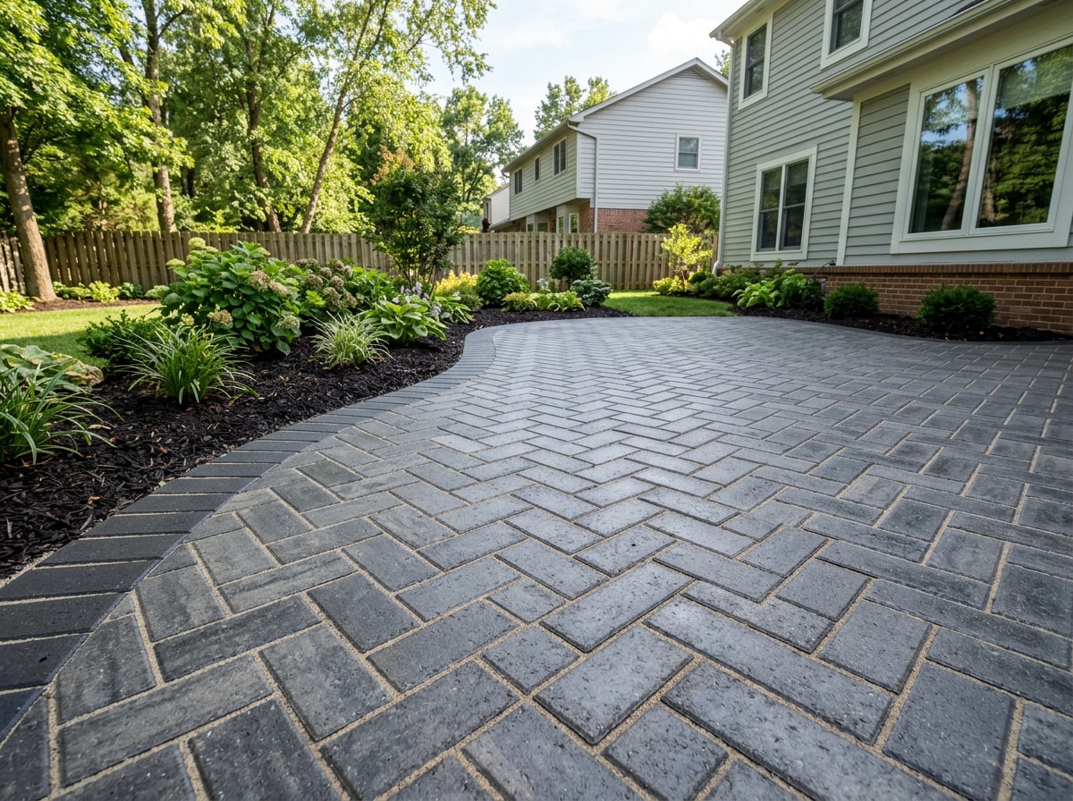 Finished concrete paver patio with herringbone pattern and clean edge restraint