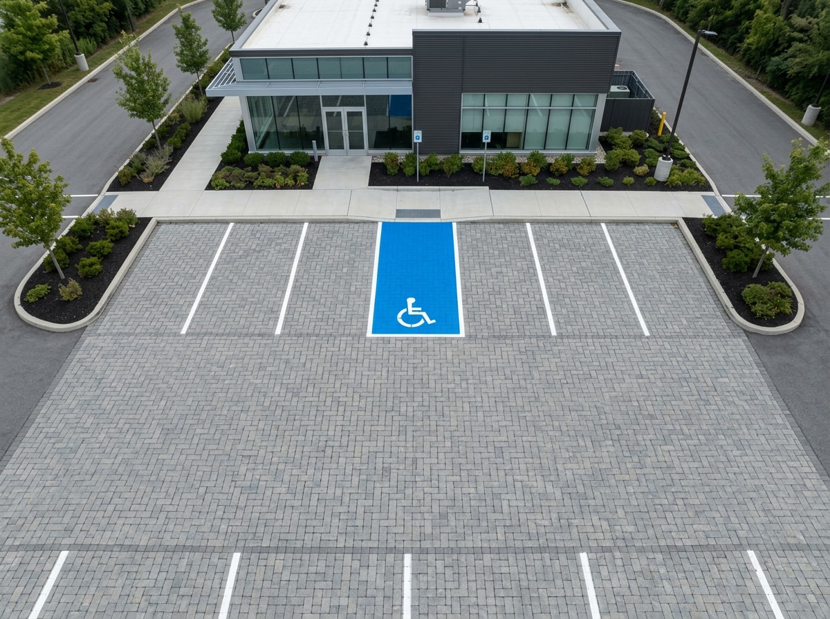Permeable concrete paver parking area with marked accessible parking space