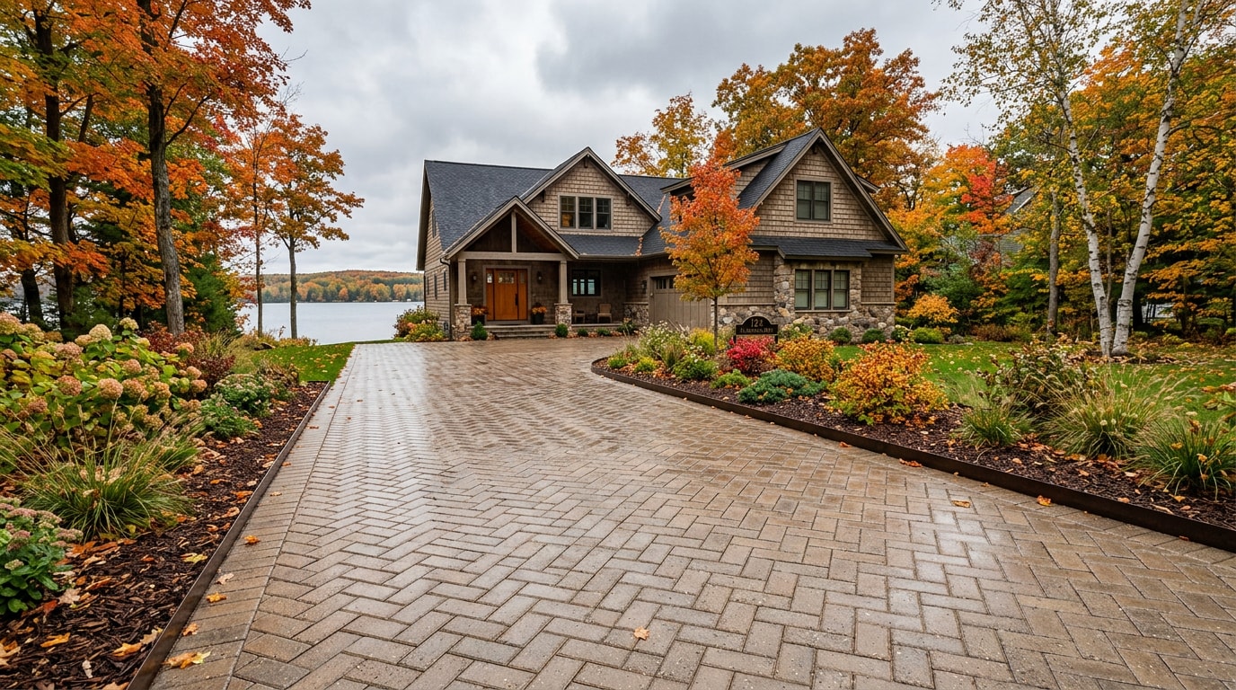 Finished concrete paver driveway at a Manistee, MI home