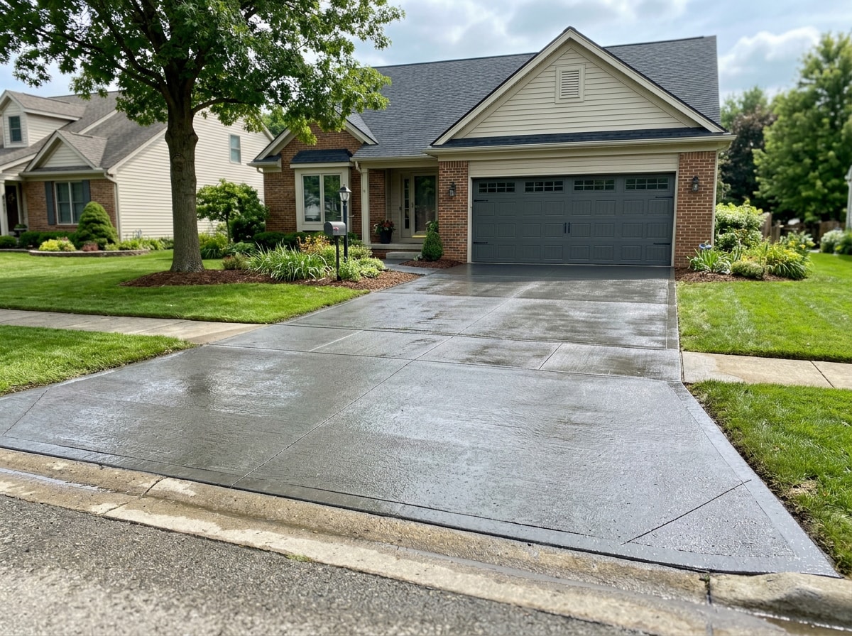 Freshly resurfaced two-car concrete driveway with smooth broom-finish overlay in front of a suburban Michigan home