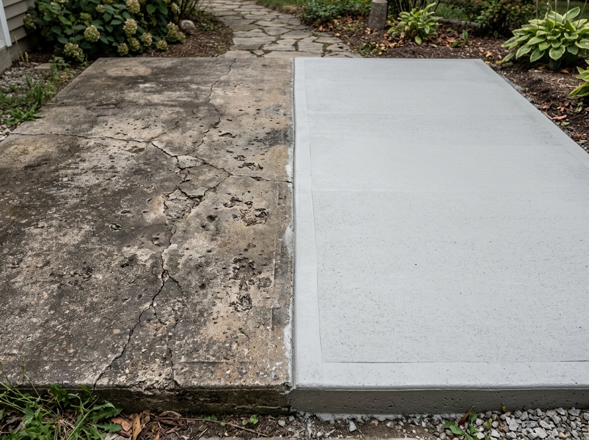 Side-by-side comparison of a cracked, worn concrete patio section next to a freshly resurfaced section of the same slab