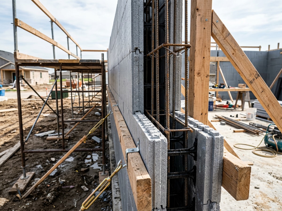 ICF wall bracing and rebar placement before a concrete pour on a West Michigan job site