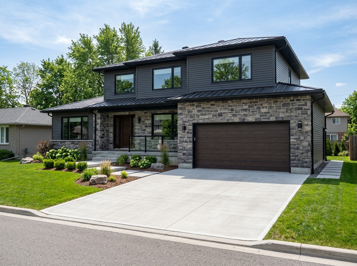 Finished ICF home exterior with siding and a new concrete driveway apron in West Michigan