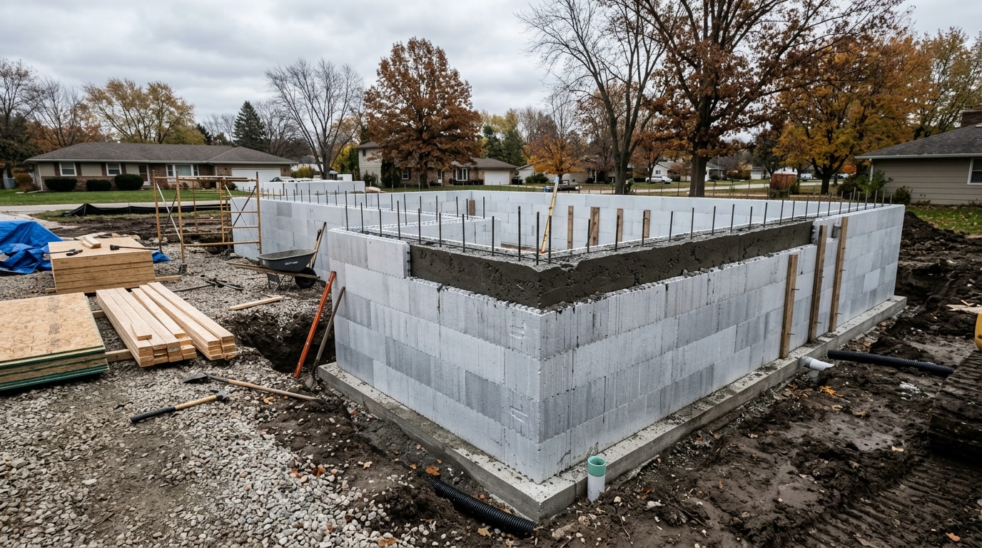 Insulated concrete form foundation wall on a Muskegon, MI area home construction site Insulated concrete form foundation wall on a Muskegon, MI area home construction site