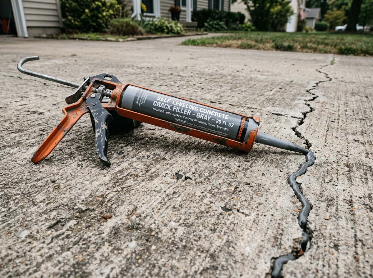 Tube of self-leveling concrete crack filler loaded into a caulk gun on a driveway