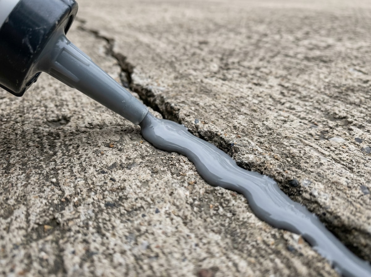 Close-up of self-leveling concrete crack filler being applied into a driveway crack