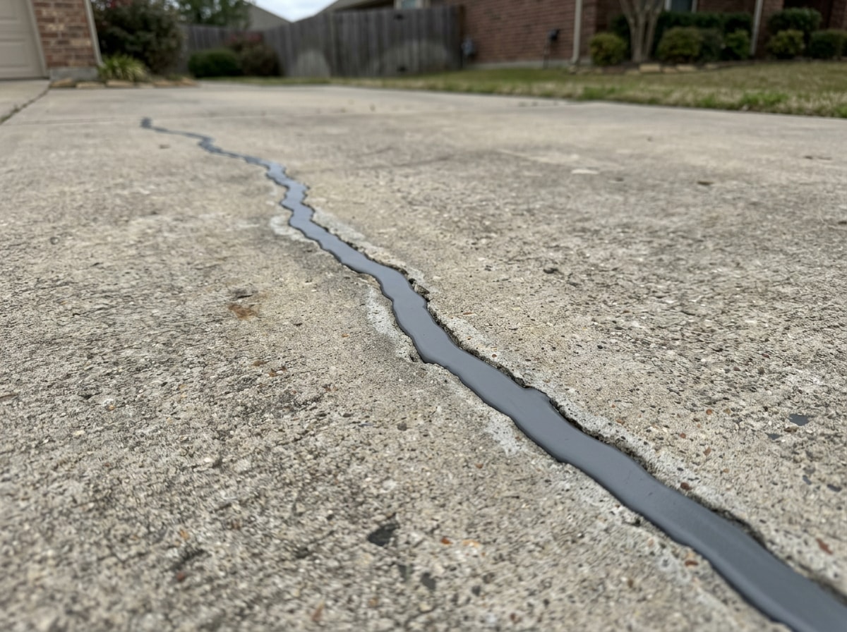 Sikaflex self-leveling sealant applied and cured in a concrete driveway crack
