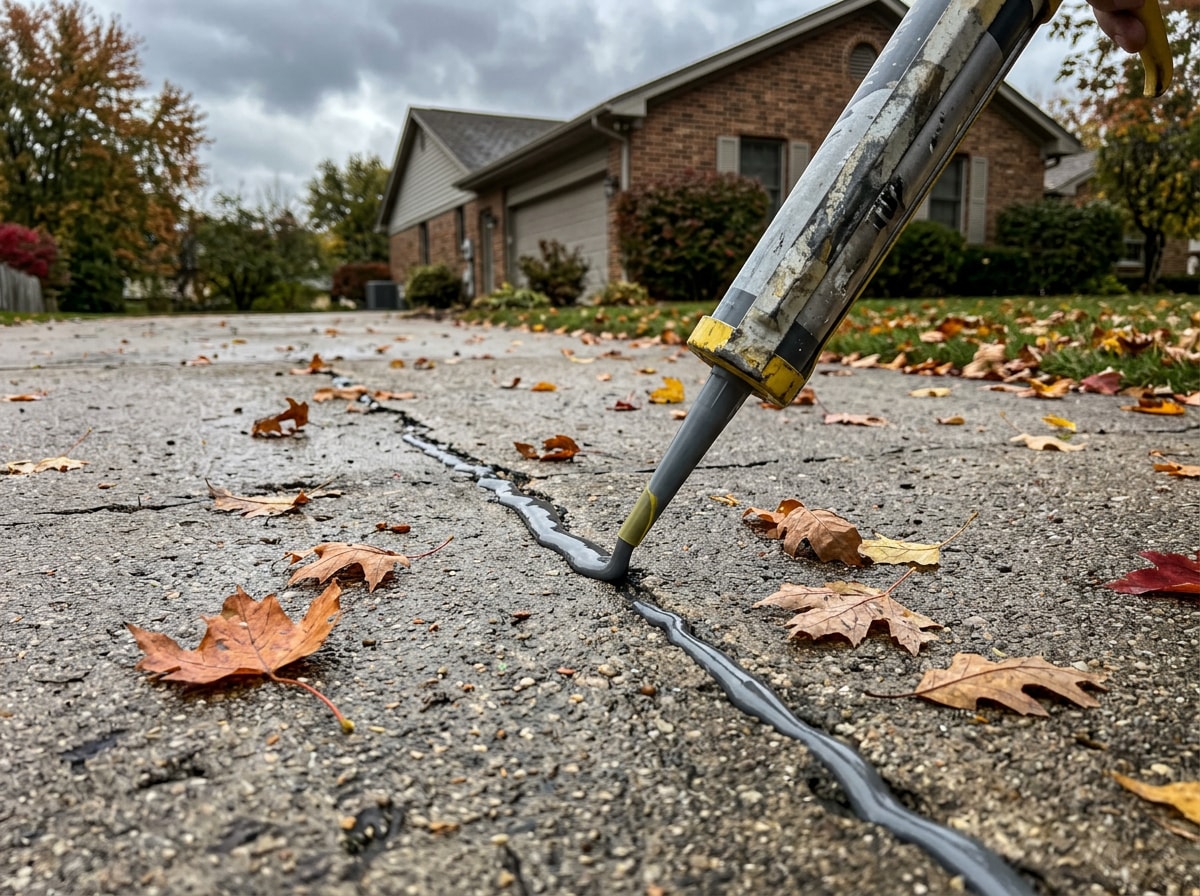 Self-leveling concrete crack filler being applied to a Michigan driveway in cool fall weather