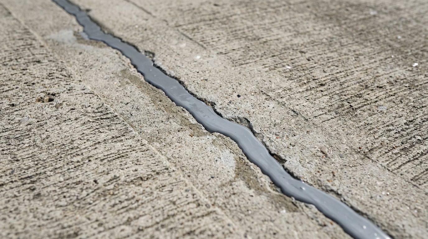 Freshly repaired concrete driveway crack filled with self-leveling sealant Freshly repaired concrete driveway crack filled with self-leveling sealant