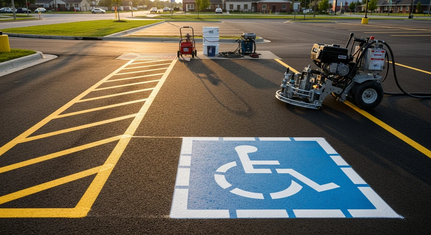Freshly painted parking lot lines and striping on a commercial lot