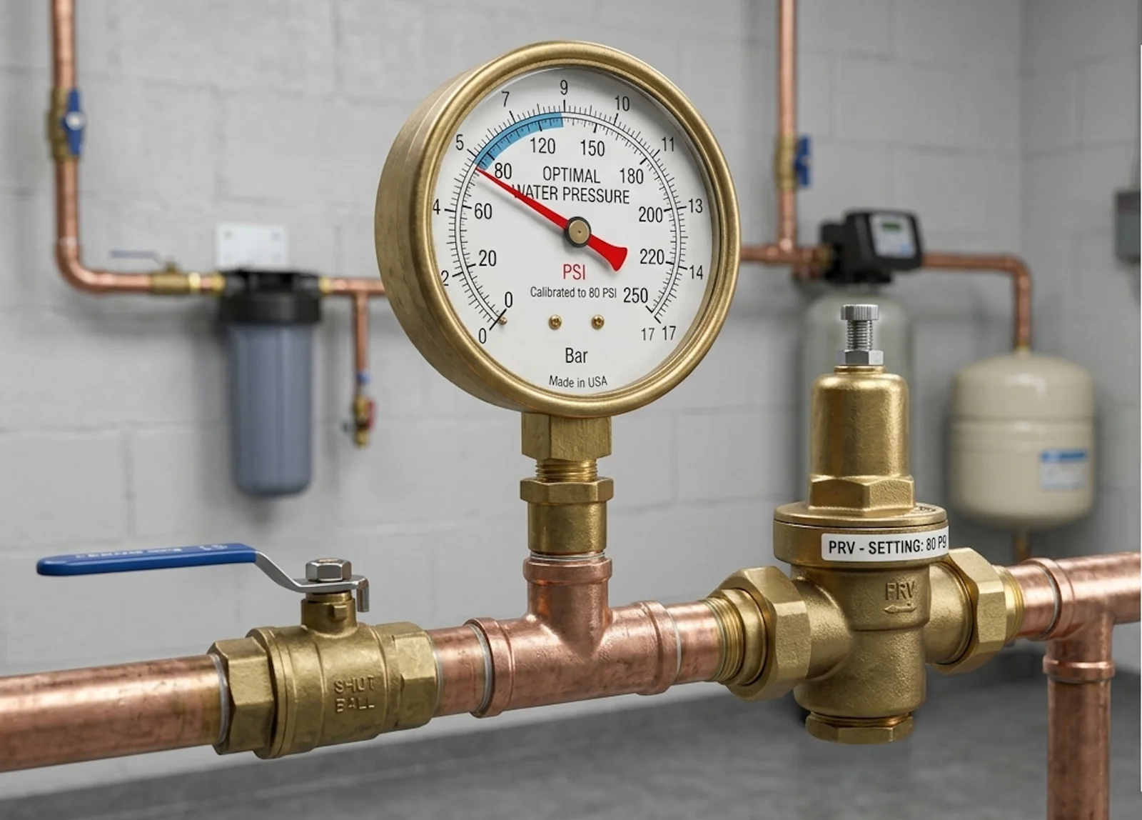 Brass pressure gauge and PRV valve on copper water lines with shutoff ball valve