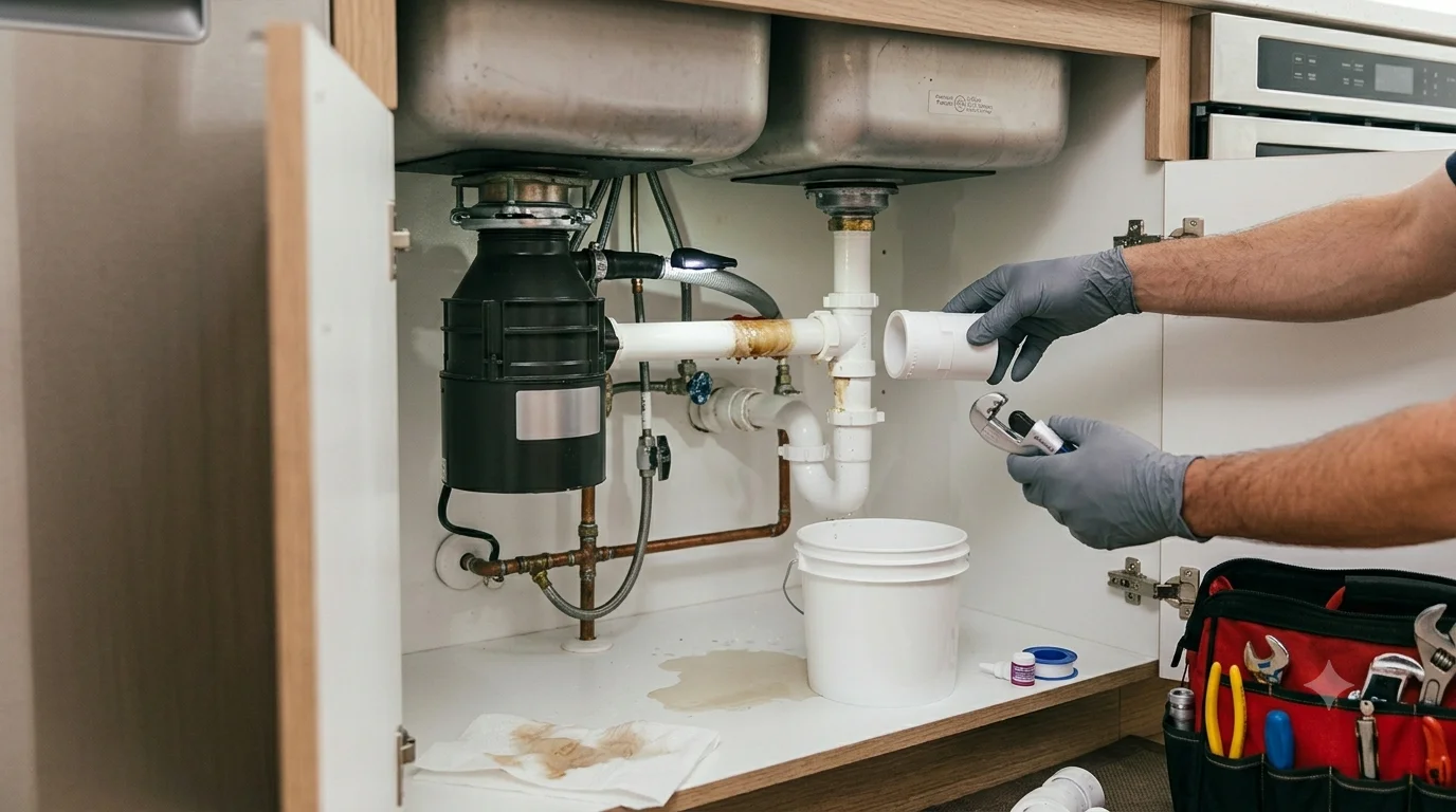 Technician installing under-sink plumbing with garbage disposal and white PVC pipes