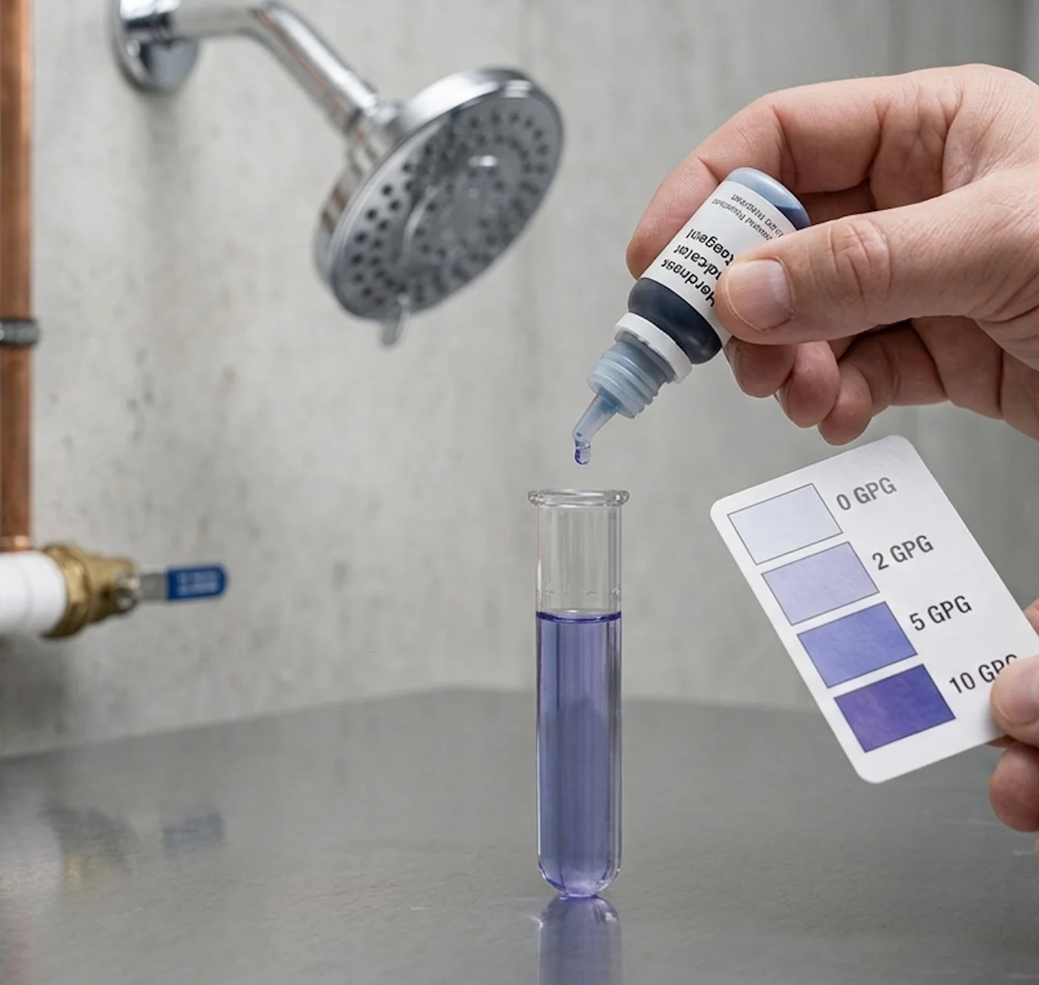 Water quality testing with chemical reagent and color comparison scale showing hardness levels