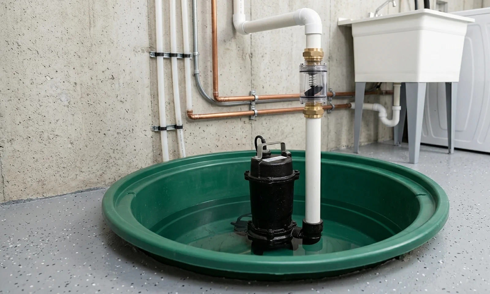 Sump pump in green basin with copper and PVC piping, brass fittings, and discharge line