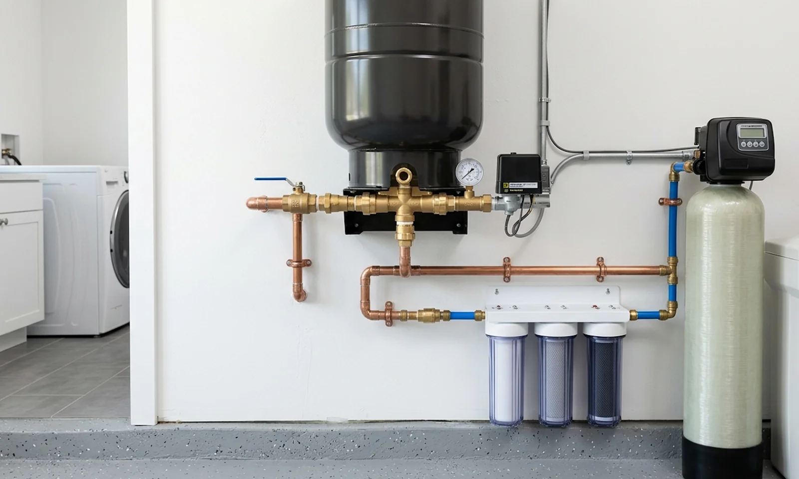 Water softener and filtration system with copper piping and pressure monitoring