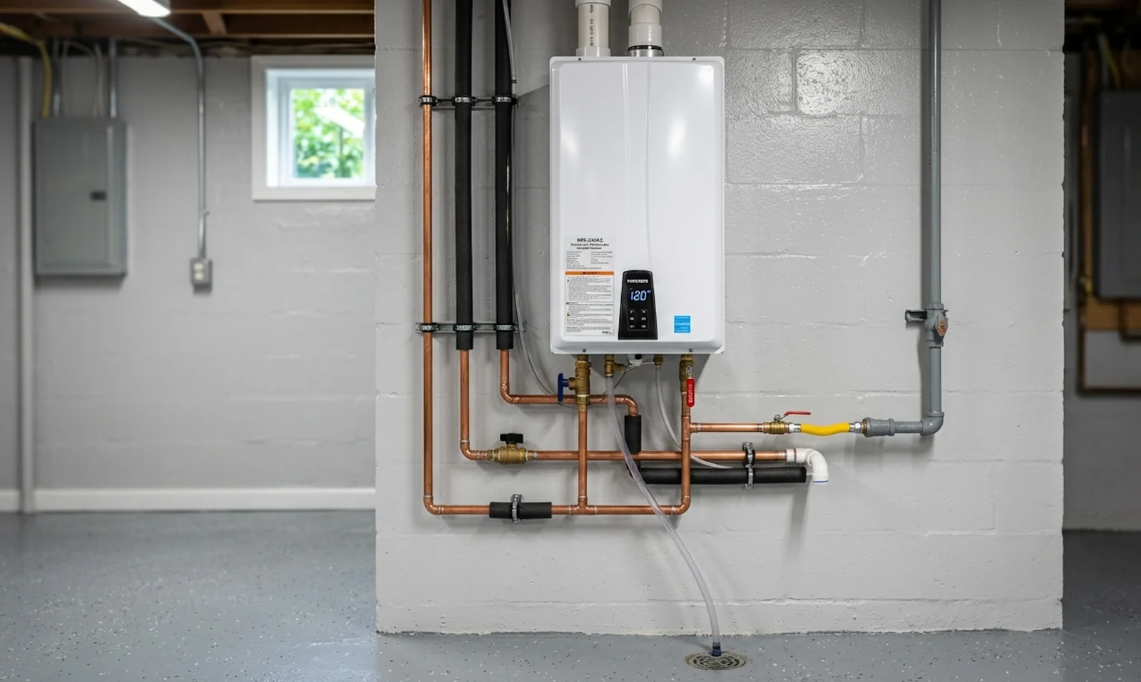 Tankless water heater with copper piping and digital controls on white basement wall