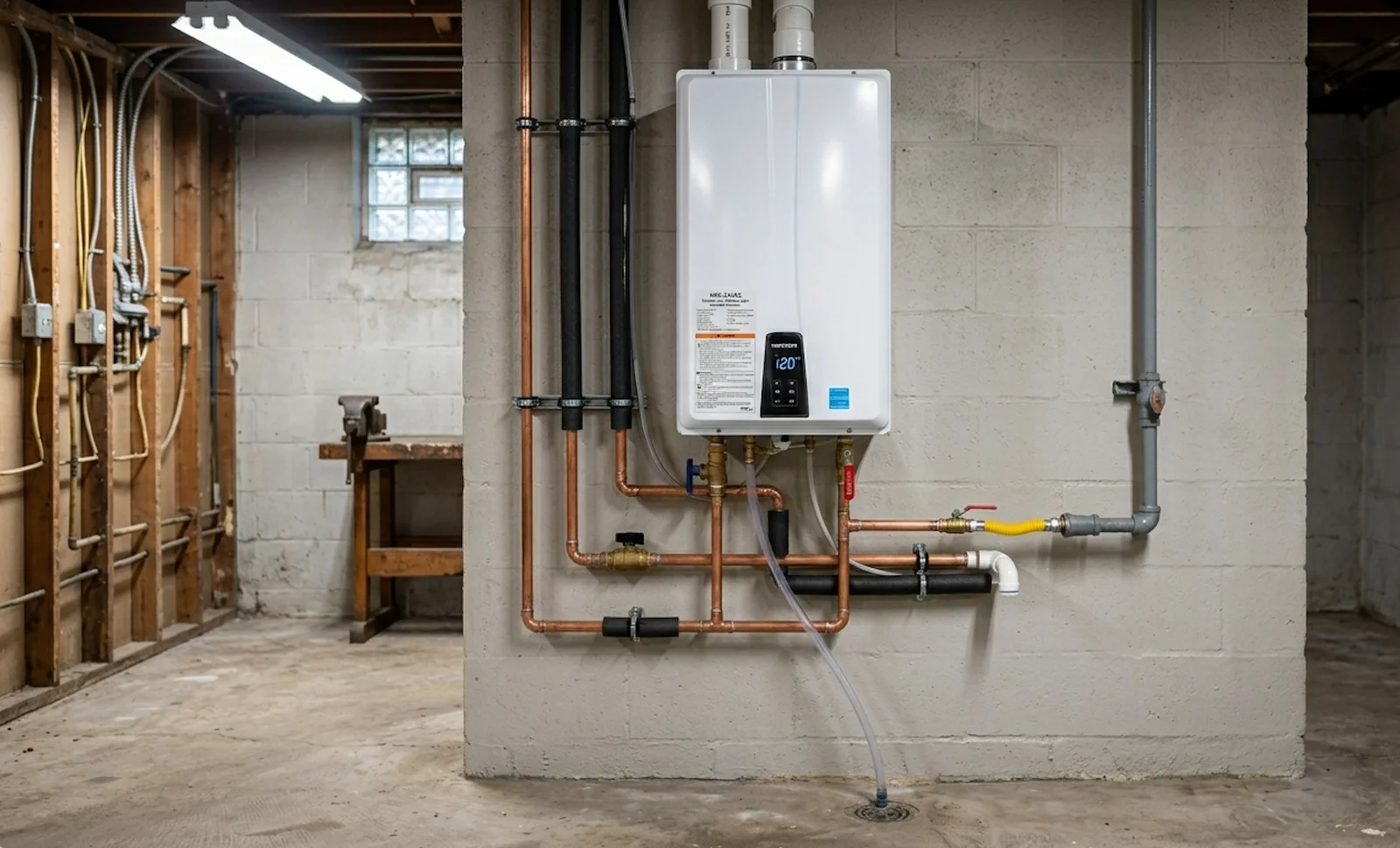 Tankless water heater with copper piping and digital controls mounted on concrete wall