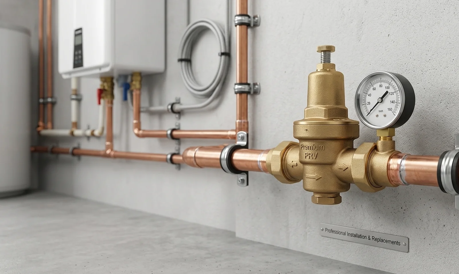 Tankless water heater with copper pipes, brass PRV valve, and pressure gauge on concrete wall