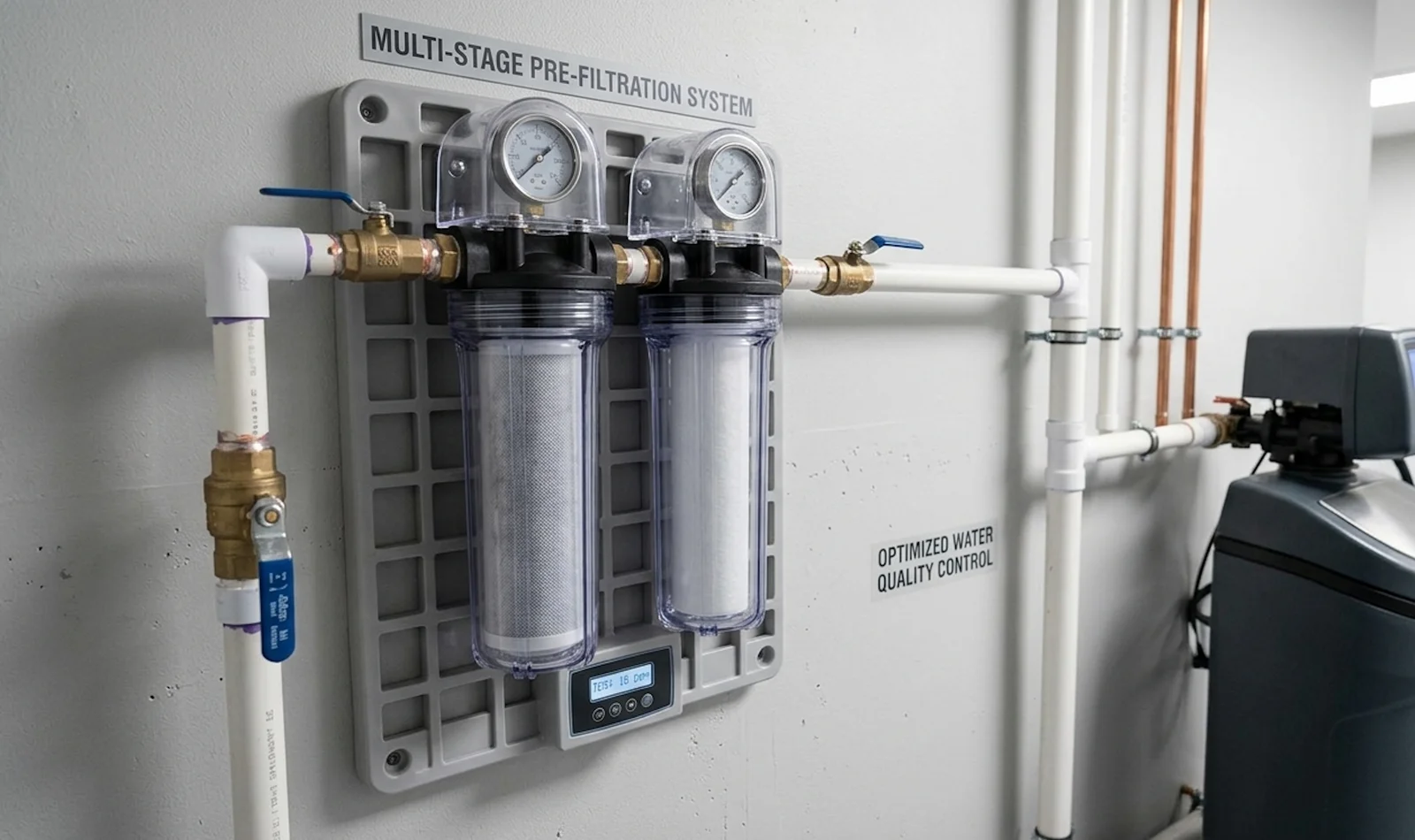 Multi-stage water filtration system with dual cartridge filters, pressure gauges, and brass fittings mounted on wall