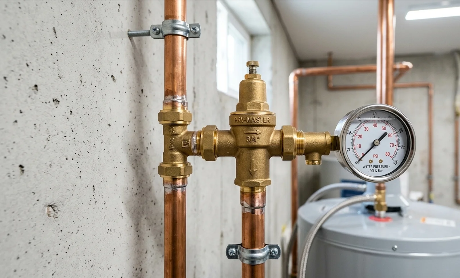 Brass pressure reducing valve with gauge on copper pipe against concrete wall