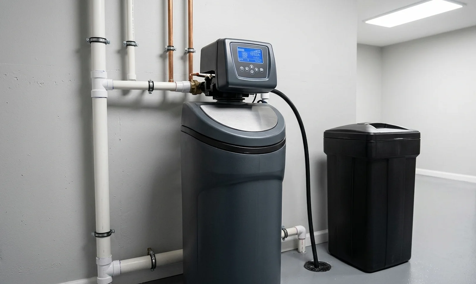 Water softener tank with digital controller, copper and PVC piping, and brine tank installation