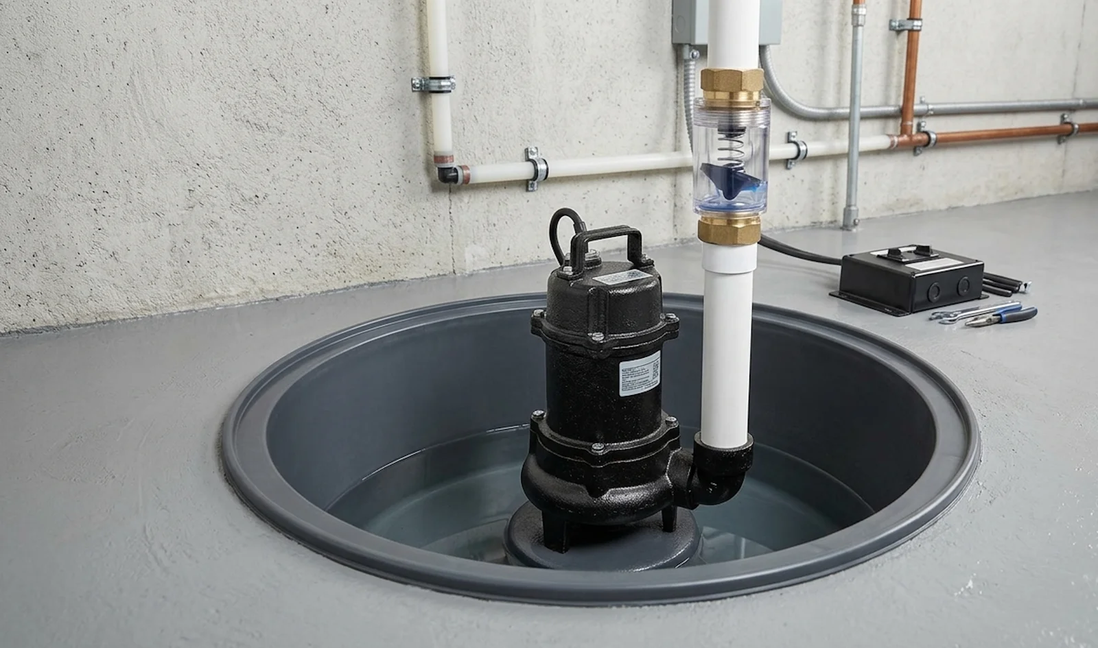 Black sump pump in concrete basin with PVC discharge pipe, brass fittings, and copper water lines