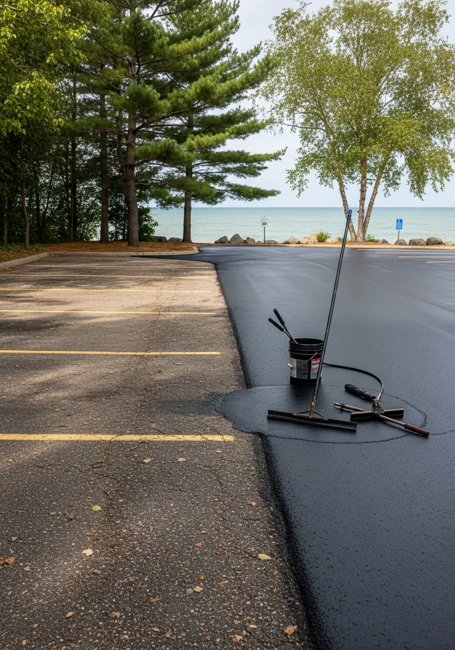 A service professional standing near a Ludington waterfront property with lake and trees visible.