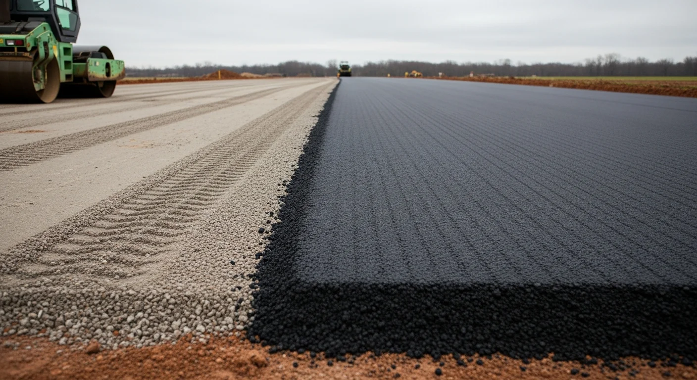 Freshly paved residential driveway in Middleville, MI with smooth black asphalt surface and clean compacted edges. Edwards Sealcoating and Asphalt Repairs crew completing final surface work on a West Michigan property.