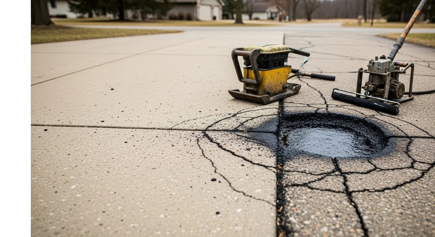 A freshly patched and leveled asphalt driveway in Middleville, Michigan, showing a smooth dark surface with clean edges where cracked and potholed sections were repaired. The surrounding pavement transitions evenly from the repaired area, with no visible cracking or water pooling.