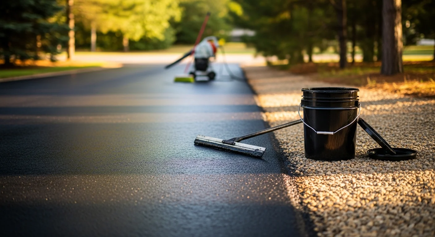 A freshly sealcoated residential driveway in Middleville, Michigan with a uniform dark surface and clean edges. The pavement shows no visible cracking or fading after the sealcoating service by Edwards Sealcoating and Asphalt Repairs.