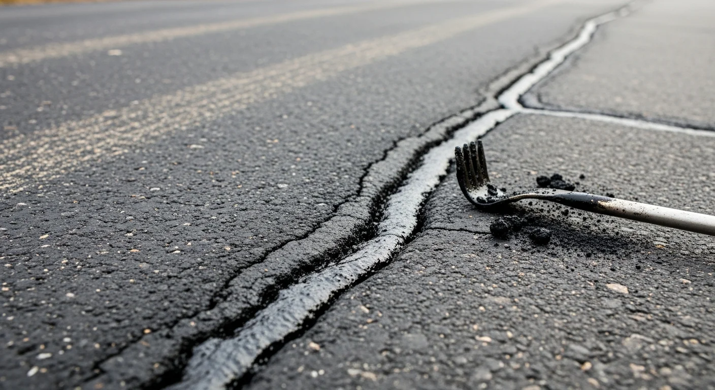 A freshly crack-filled asphalt driveway in Middleville with clean, sealed lines running across the surface. Edwards Sealcoating and Asphalt Repairs technician applying filler to a residential driveway showing visible crack repair work in progress.