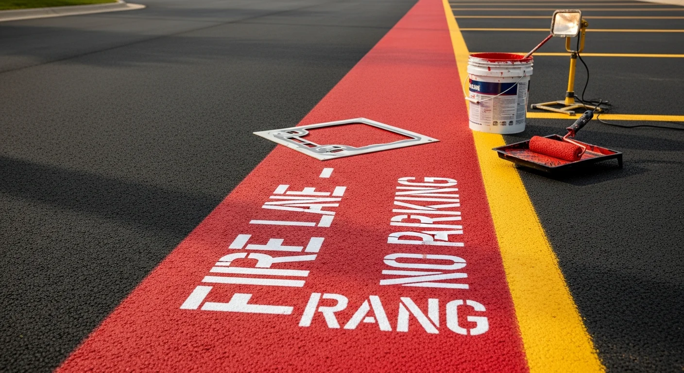 Freshly painted red fire lane curb and stenciled "FIRE LANE – NO PARKING" pavement markings on a commercial parking lot in Middleville, Michigan. The markings are bold and clearly legible against a sealed asphalt surface.