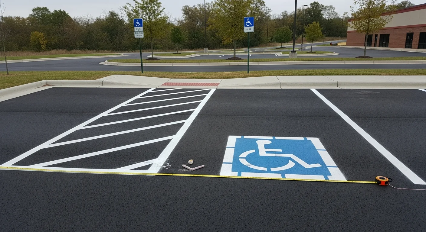 Freshly painted ADA-compliant handicap parking spaces with blue and white accessibility symbols and striped access aisles on a commercial asphalt parking lot in Middleville, Michigan. The markings are crisp and high-contrast against the dark sealcoated pavement surface.