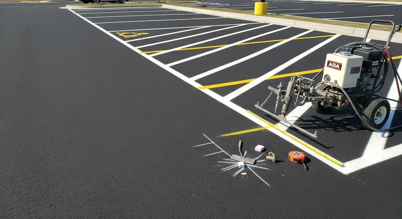 Freshly painted white parking lot stall lines and a blue ADA-accessible space marking on a black asphalt commercial lot in Middleville, Michigan. Crisp yellow directional arrows and a fire lane border are visible along the lot perimeter.