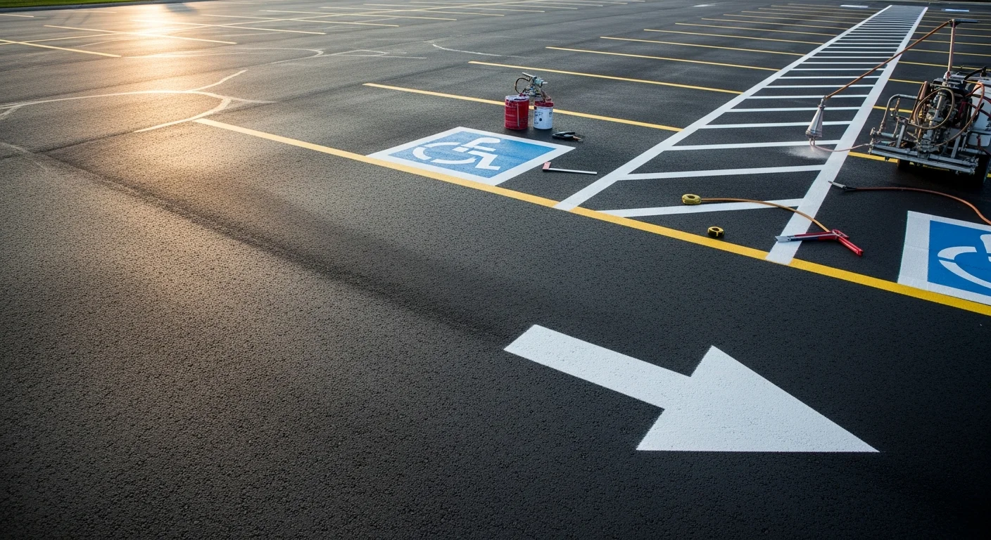 Freshly restriped commercial parking lot in Middleville, Michigan, showing bright white stall lines, a clearly marked ADA-accessible space with access aisle, and directional arrows on dark asphalt. Edwards Sealcoating and Asphalt Repairs completed the restripe on a small retail property.