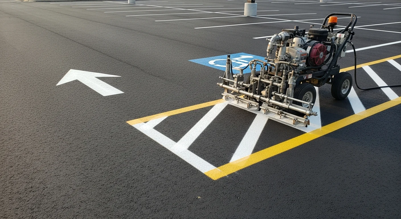 Freshly striped commercial parking lot in Middleville with bright white stall lines, blue ADA-accessible spaces, and yellow fire lane markings on dark asphalt. Directional arrows and crosswalk markings are clearly visible across the full lot surface.