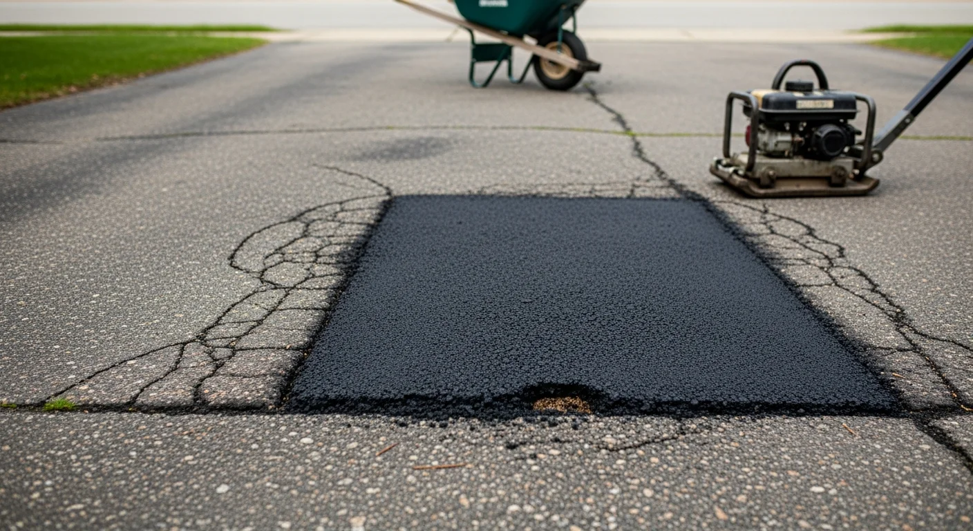 A freshly patched asphalt pothole on a residential driveway in Middleville, Michigan, with compacted new asphalt flush with the surrounding pavement surface. An asphalt repair crew member uses a tamper to compact the patch on a clear day.
